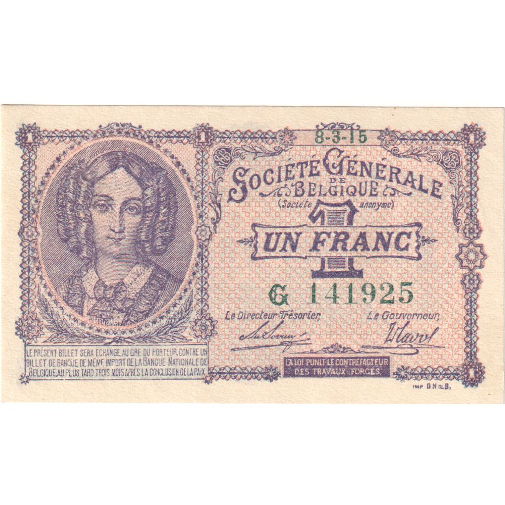 Bélgica, 1 Franc, 1915-03-16, UNC(64)