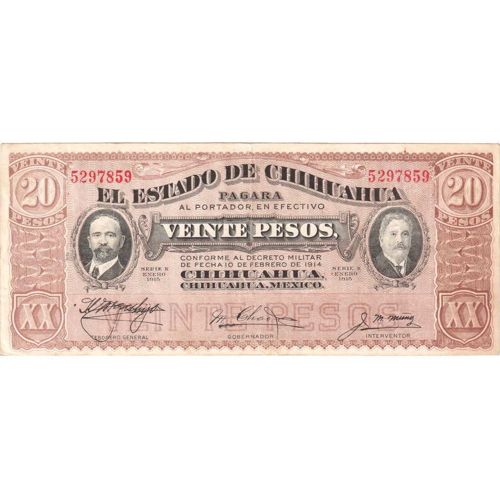 State of Chihuahua, 20 Pesos, 1914-02-10, AU(55-58)