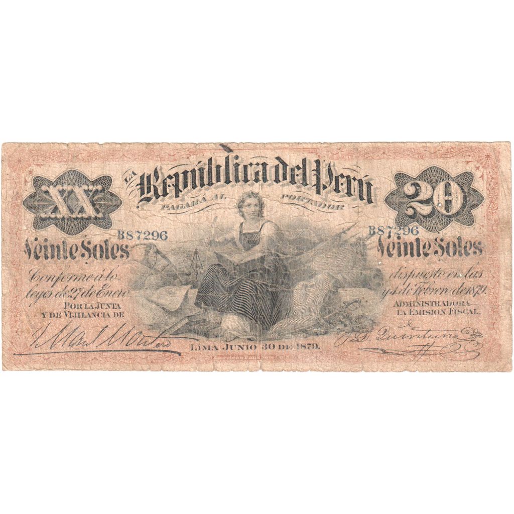 Peru, 20 Soles, 1879-06-30, VF(20-25)