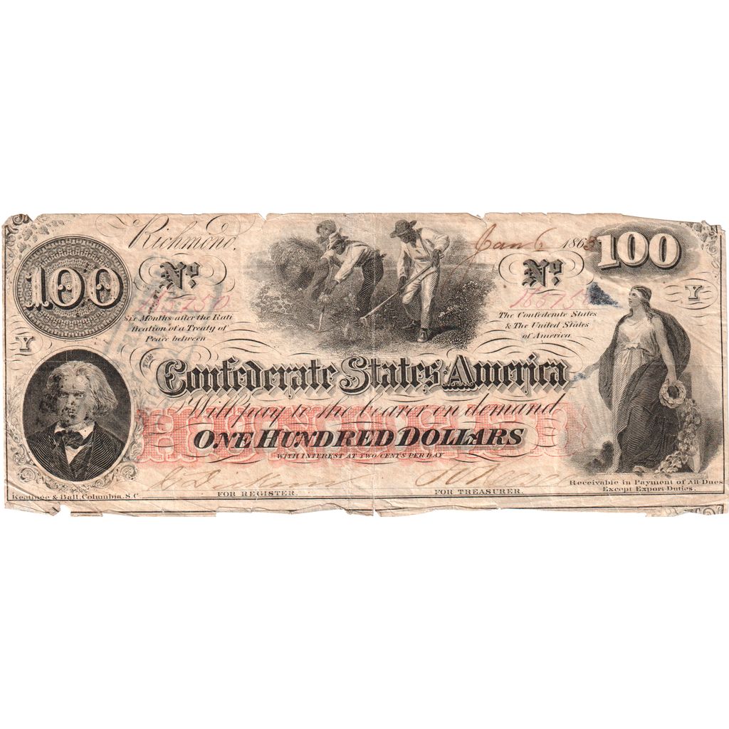 Confederate States of America, 100 Dollars, 1863-01-06, VF(30-35)