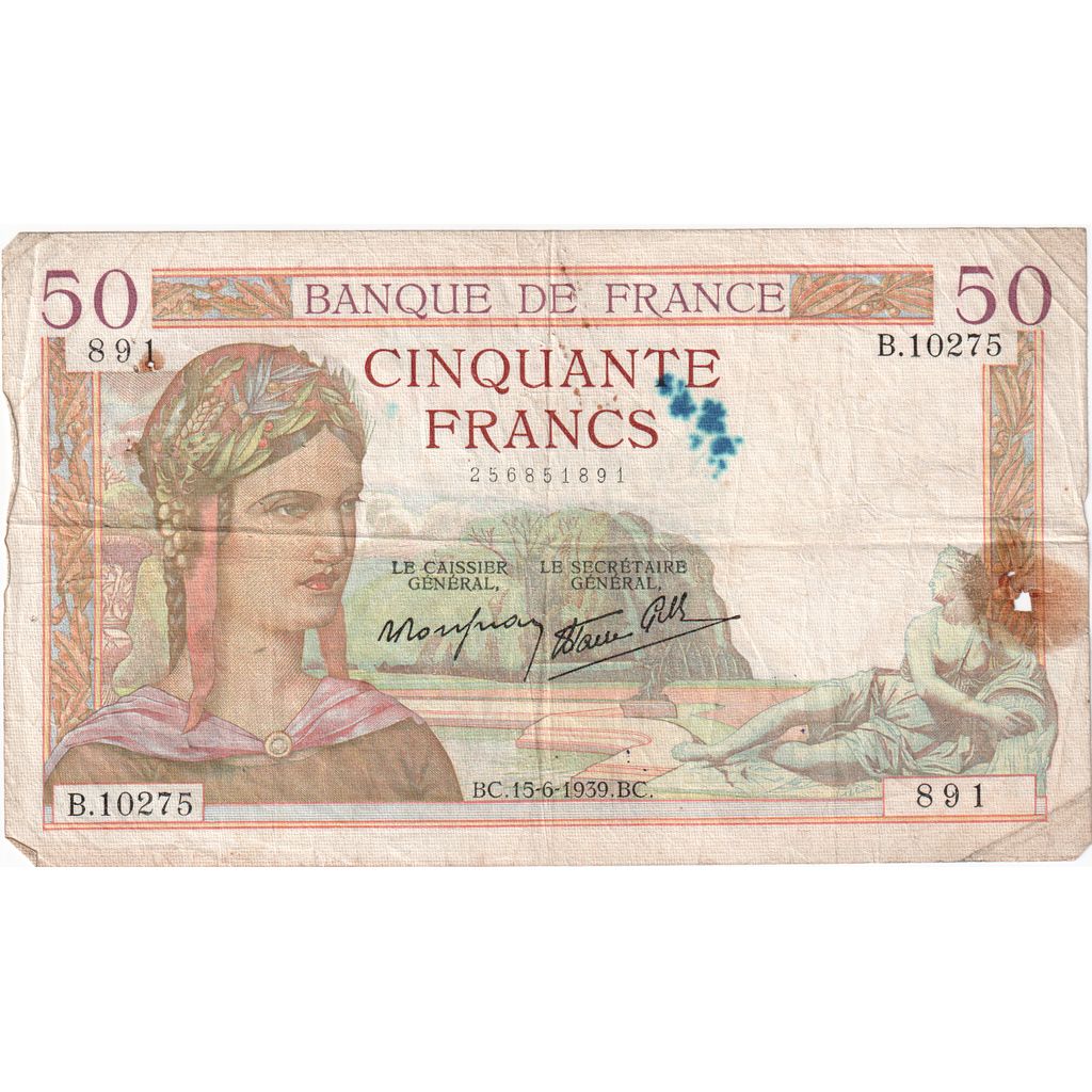 Frankreich, 50 Francs, Cérès, 1939-06-15, B.10275, GE+