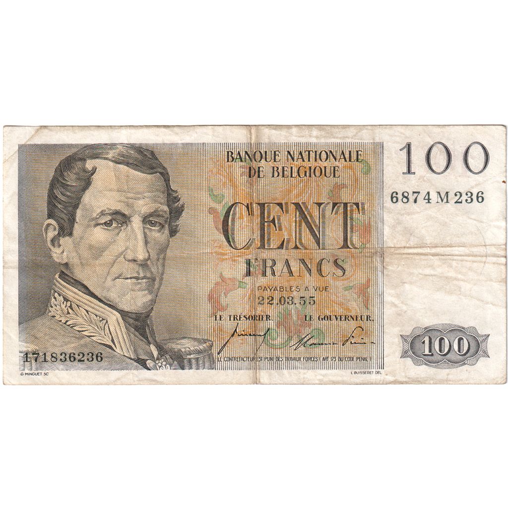 Belgium, 100 Francs, 1955-03-22, VF(30-35)