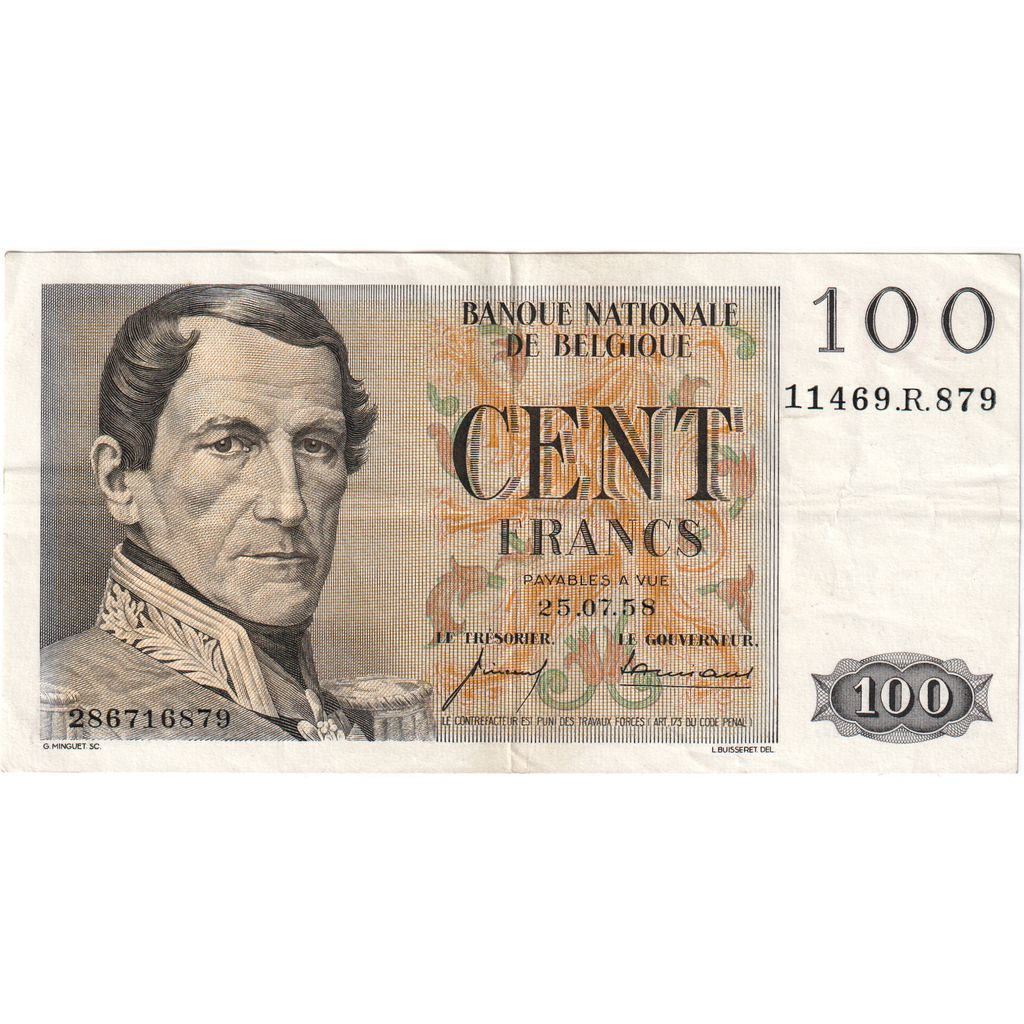 Belgium, 100 Francs, 1958-07-25, AU(50-53)