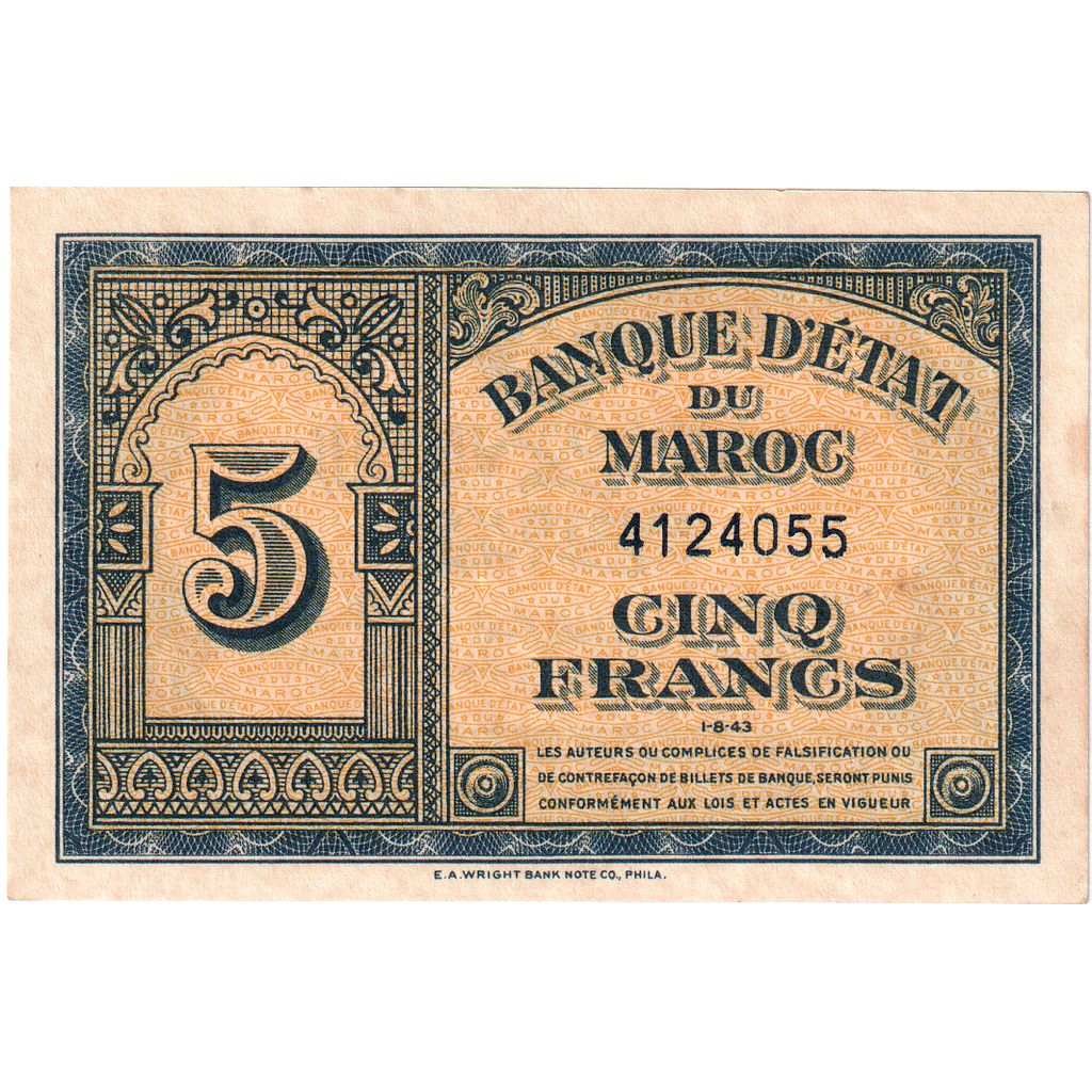Maroc, 5 Francs, 1943-08-01, TTB+