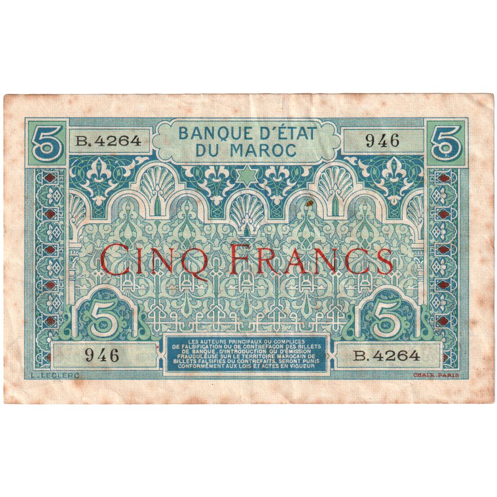 Maroko, 5 Francs, EF(40-45)