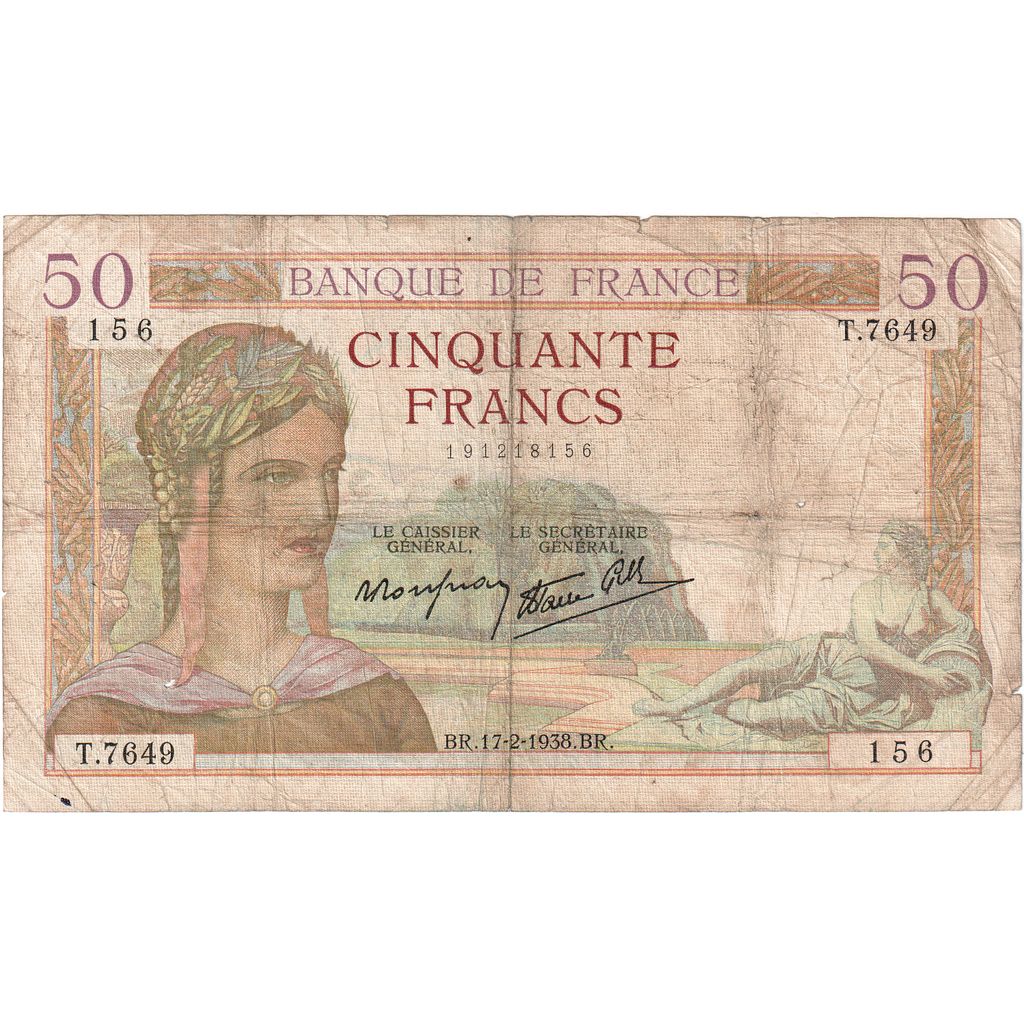 França, 50 Francs, Cérès, 1938-02-17, T.7649, VF(20-25)