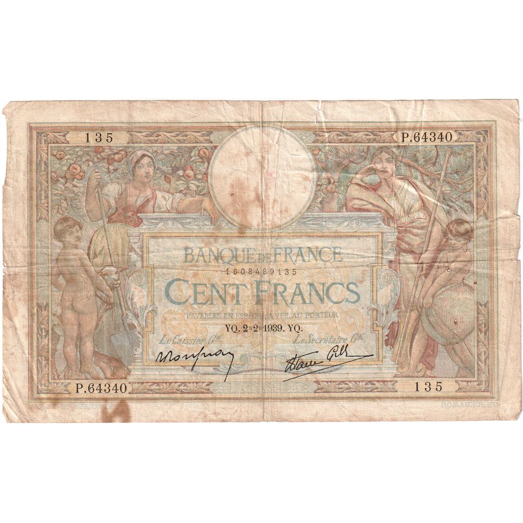 Francja, 100 Francs, Luc Olivier Merson, 1939-02-02, P.64340, VF(20-25)