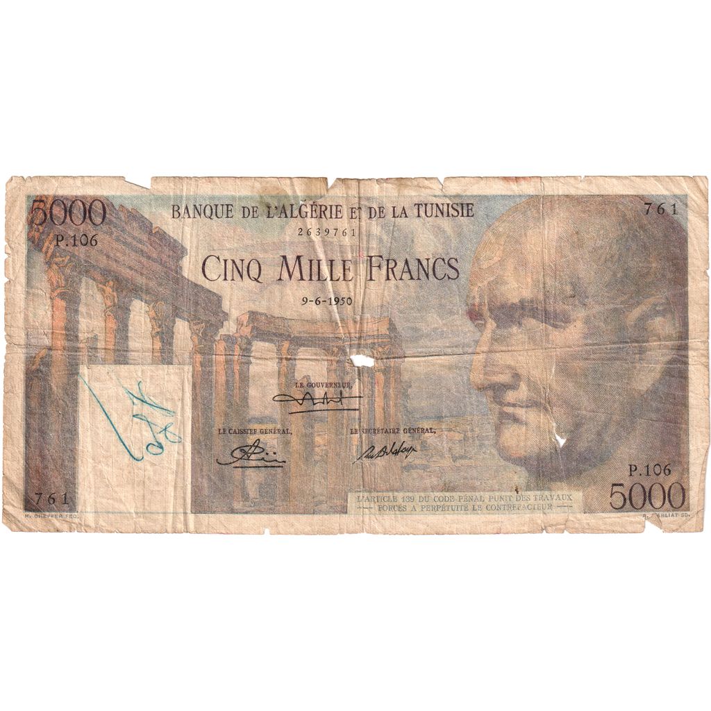 Tunisia, 5000 Francs, 1950-06-09, VG(8-10)