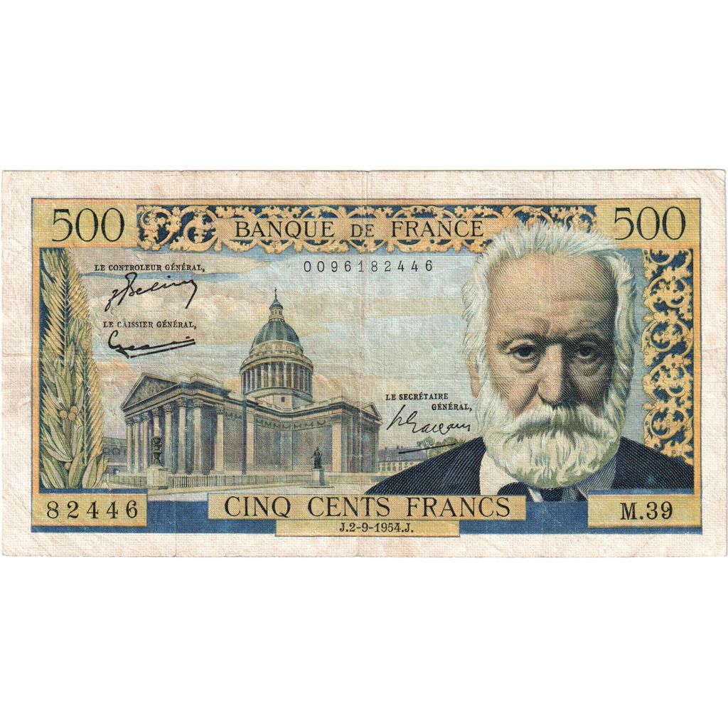 France, 500 Francs, Victor Hugo, 1954-09-02, M.39, VF(20-25)