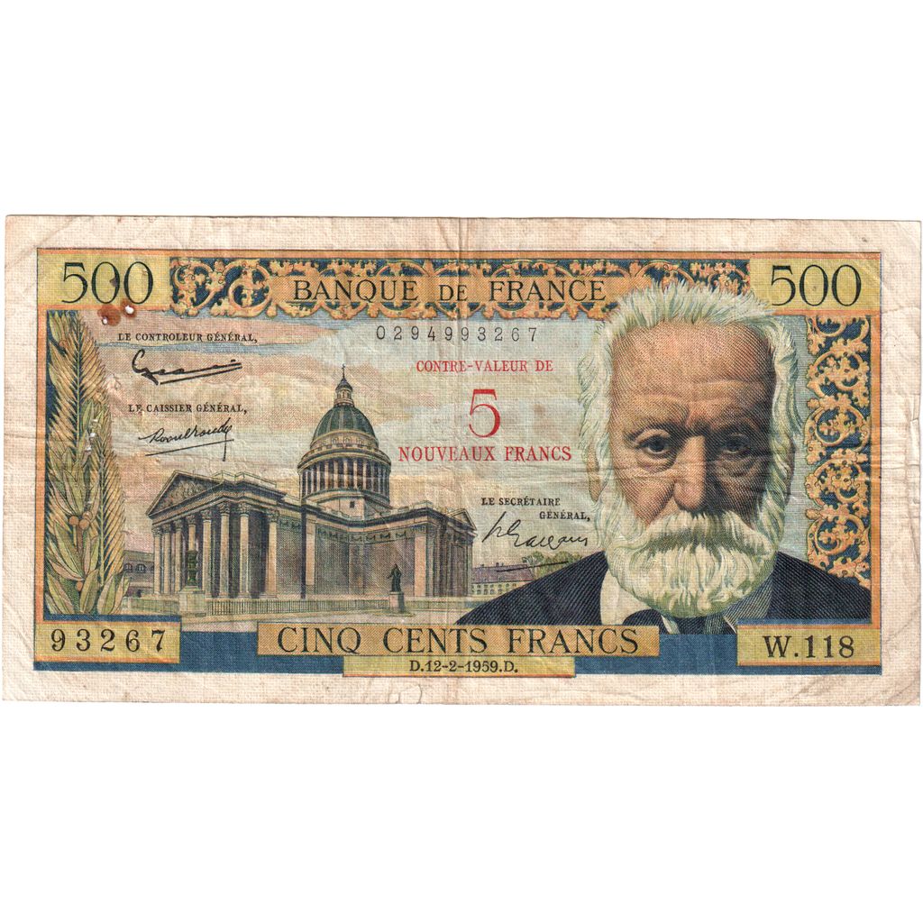 Francia, 5 Nouveaux Francs on 500 Francs, 1955-1959 Overprinted with ''Nouveaux