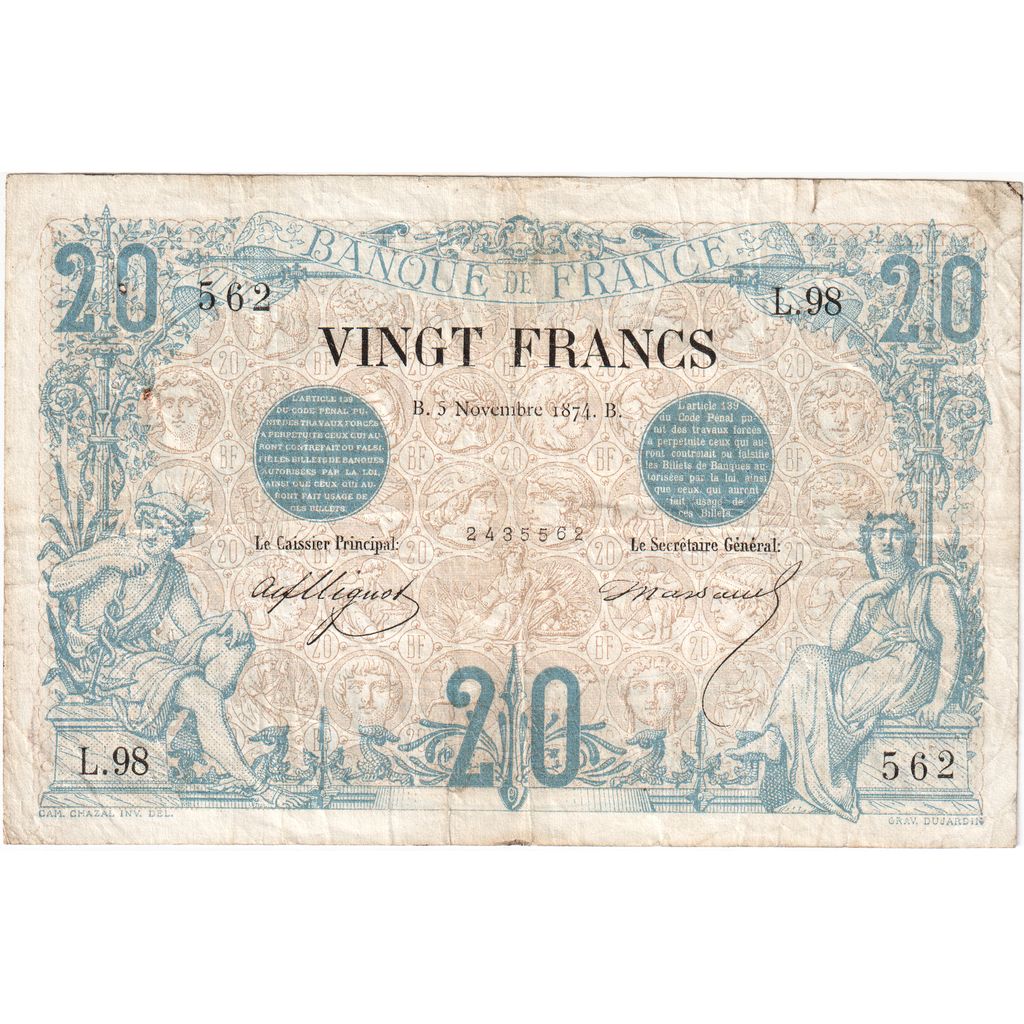 France, 20 Francs, Noir, 1874-11-05, L.98, VF(20-25)