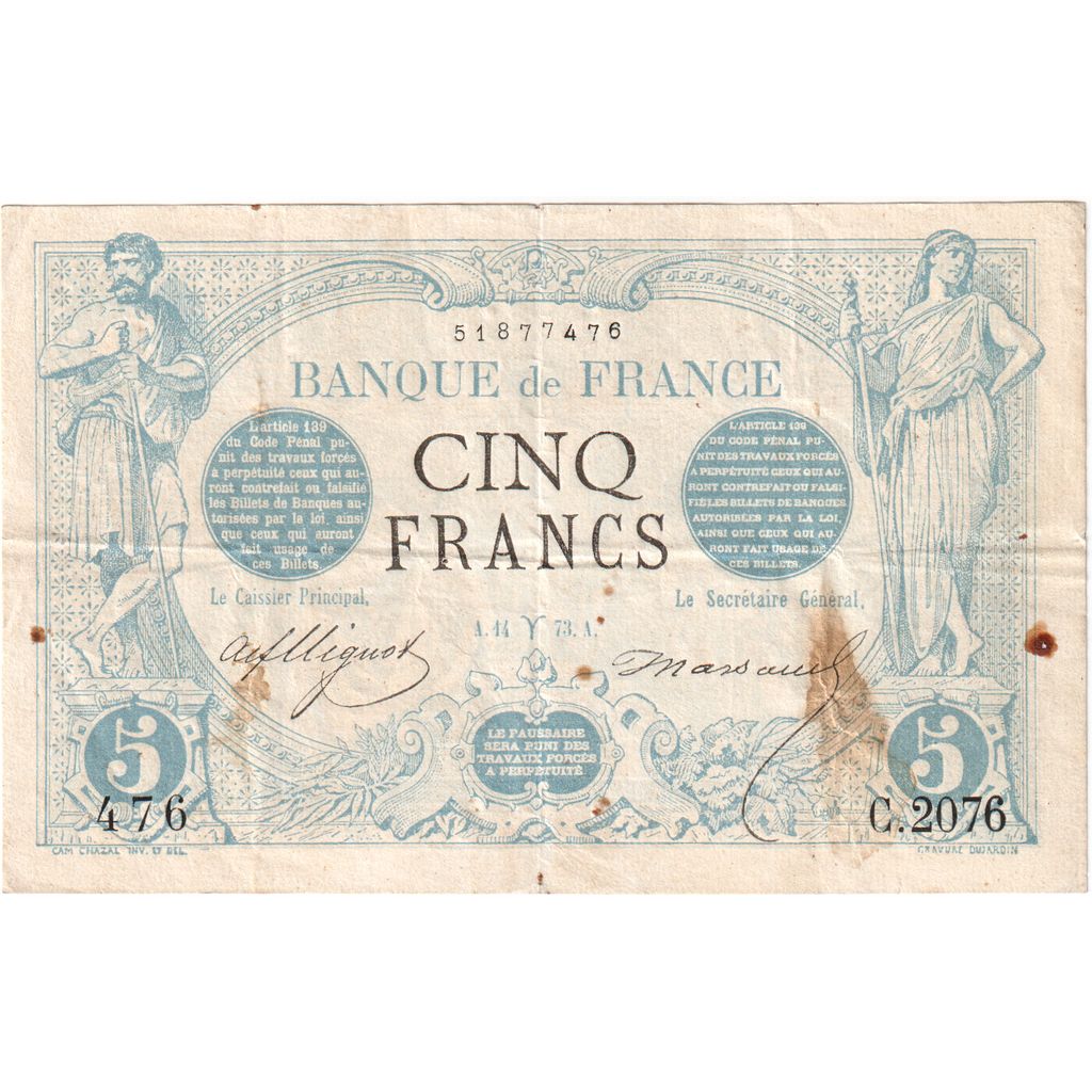 France, 5 Francs, Noir, 1873-03-14, C.2076, F(12-15)