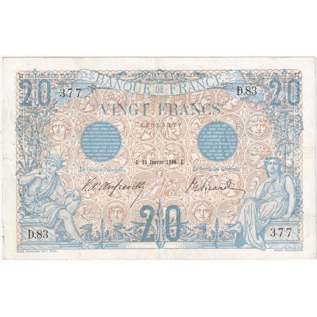 Francia, 20 Francs, Bleu, 1906-01-25, D.83, BC+