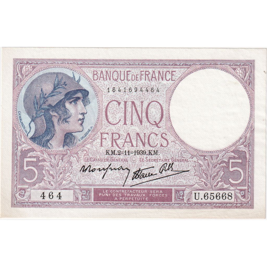 Frankrijk, 5 Francs, Violet, 1939-11-02, U.65668, TTB