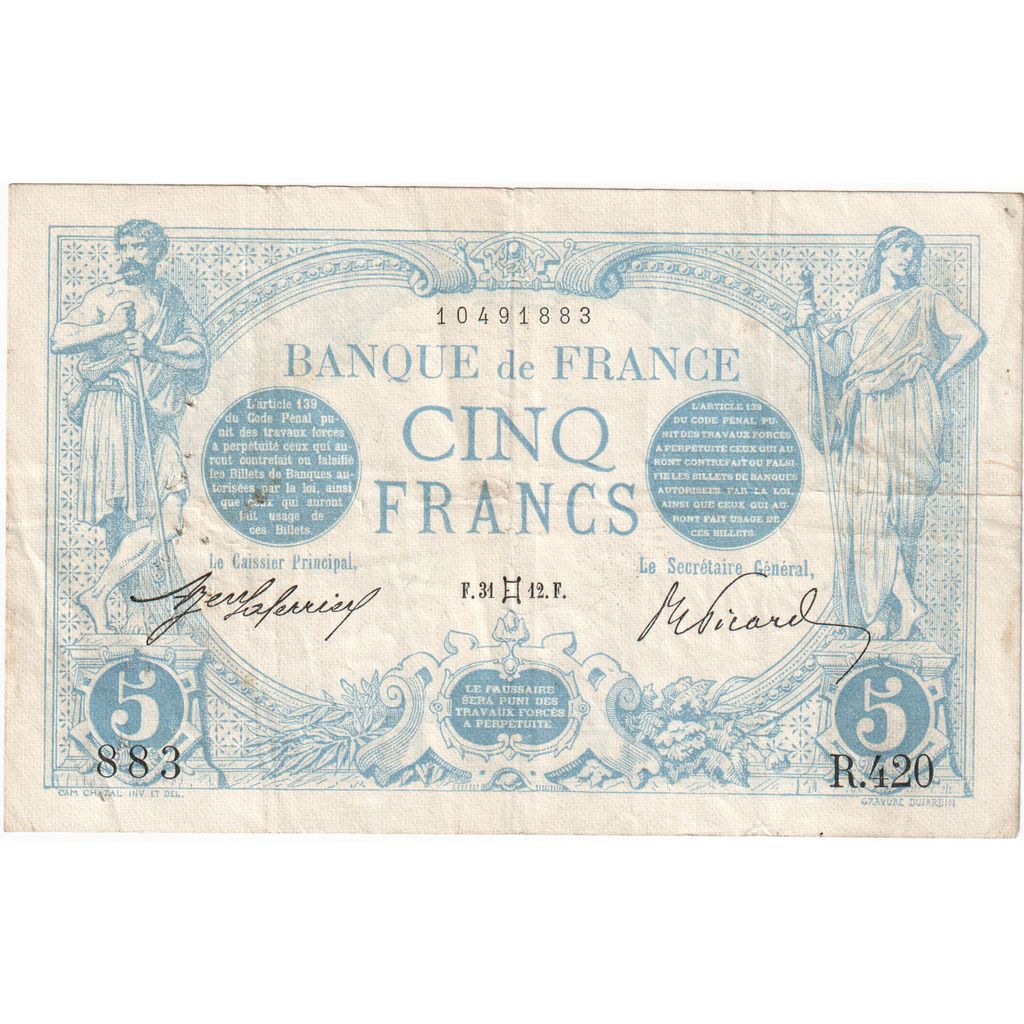 France, 5 Francs, Bleu, 1912-05-31, R.420, VF(20-25)