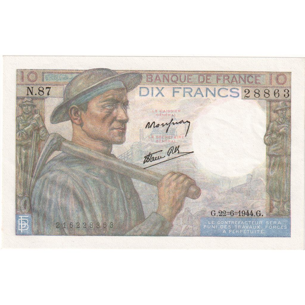 França, 10 Francs, Mineur, 1944-06-22, N.87, UNC(65-70)