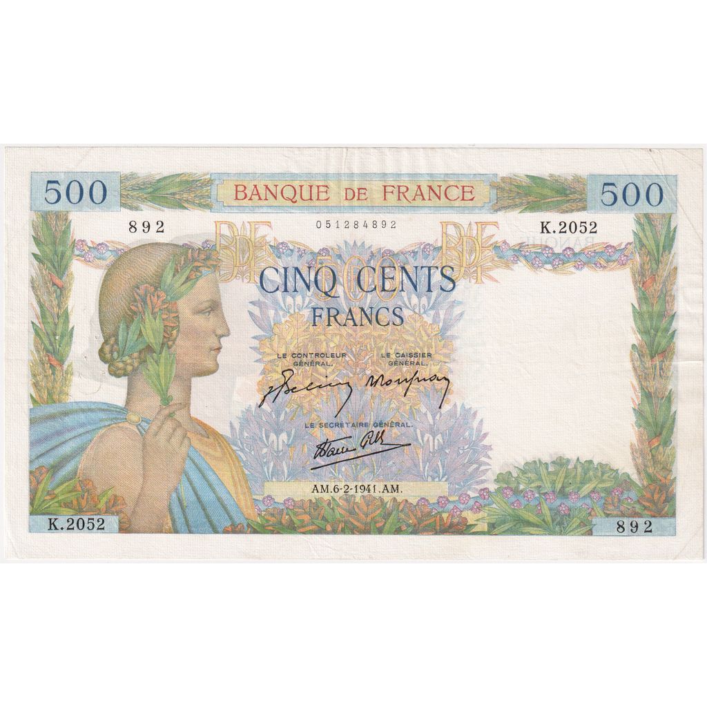 France, 500 Francs, La Paix, 1941-02-06, K.2052, VF(30-35)