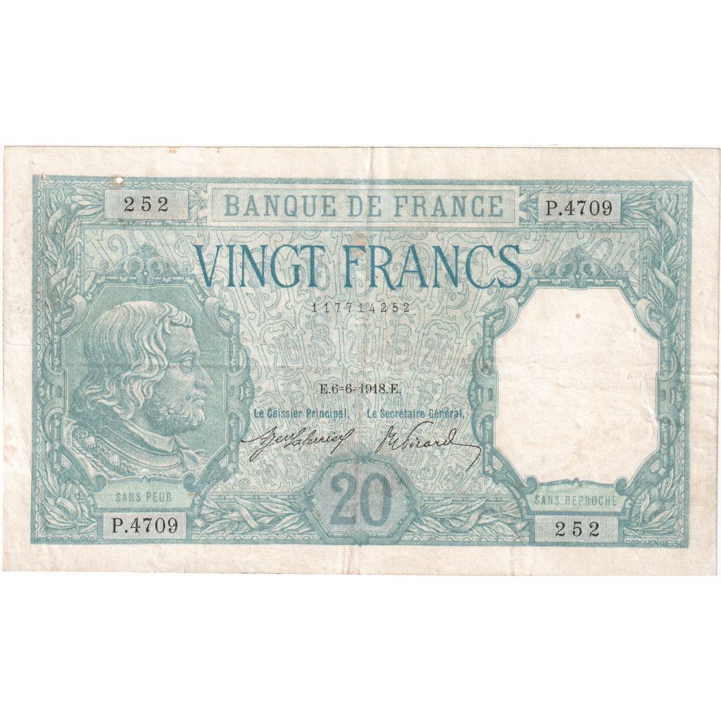 France, 20 Francs, Bayard, 1918-06-06, P.4709, AU(50-53)