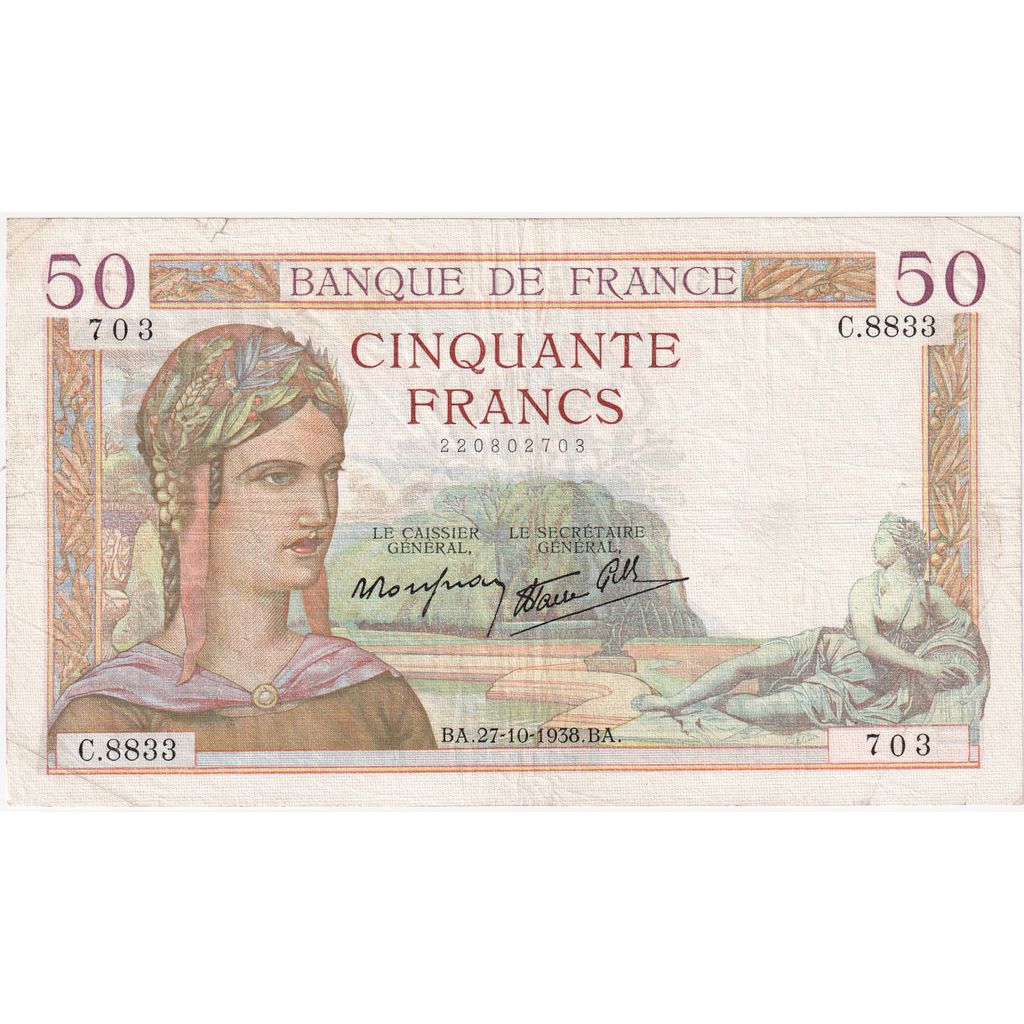 Frankreich, 50 Francs, Cérès, 1938-10-27, C.8833, S+