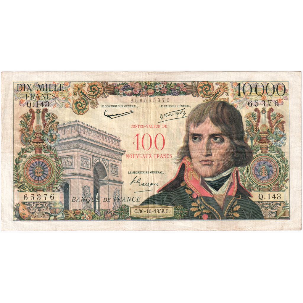 France, 100 Nouveaux Francs on 10,000 Francs, 1955-1959 Overprinted with