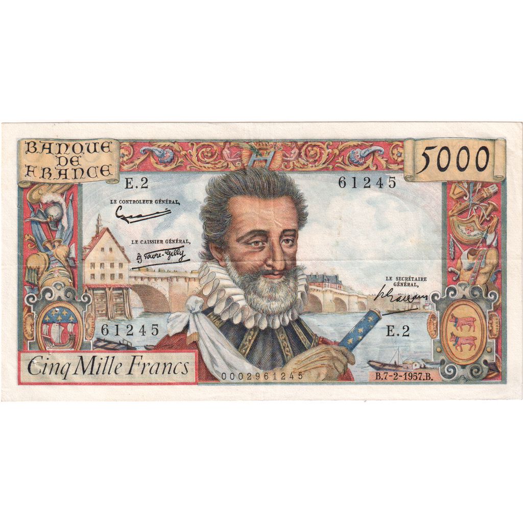 Francia, 5000 Francs, Henri IV, 1957-02-07, E.2, BC+