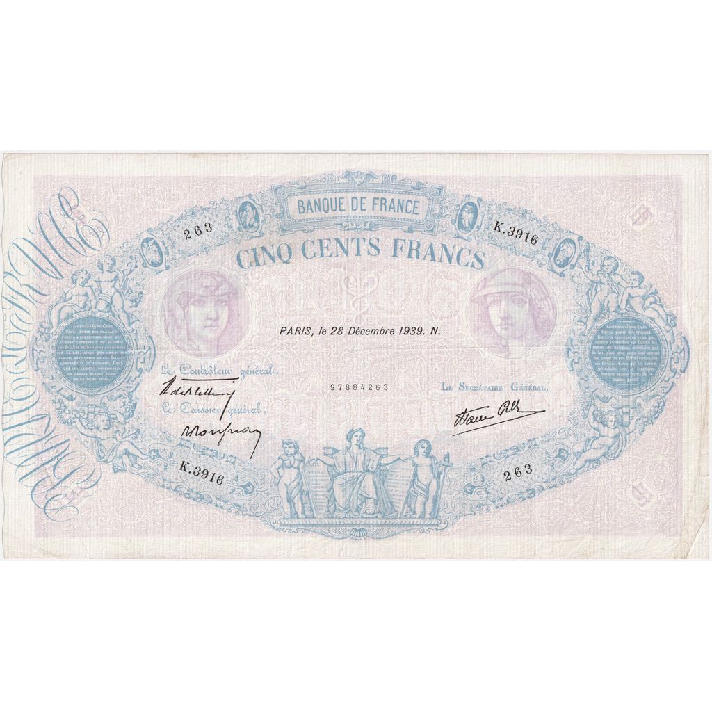 France, 500 Francs, Bleu et Rose, 1939-12-28, K.3916, AU(55-58)