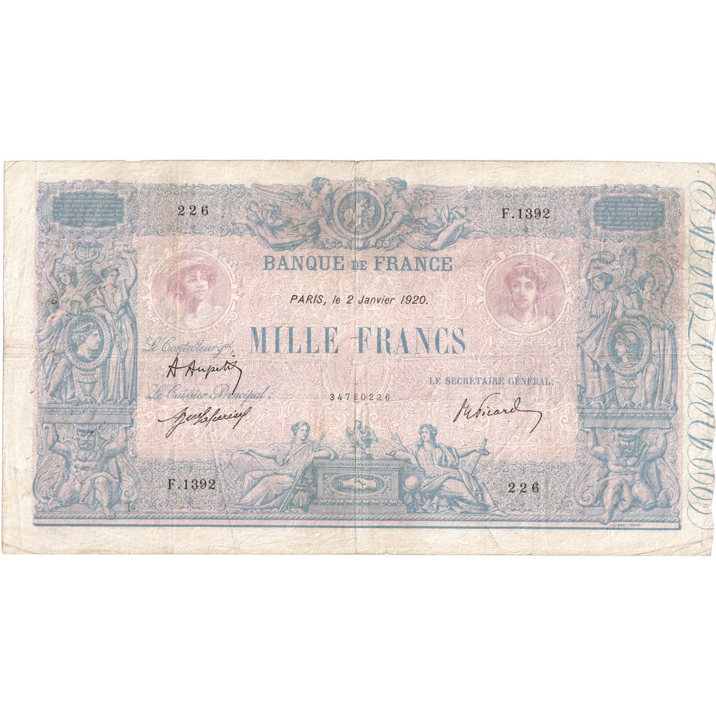 Francia, 1000 Francs, Bleu et Rose, 1920-01-02, F.1392, BB