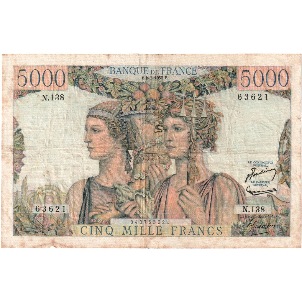 France, 5000 Francs, Terre et Mer, 1953-07-02, N.138, VF(20-25)