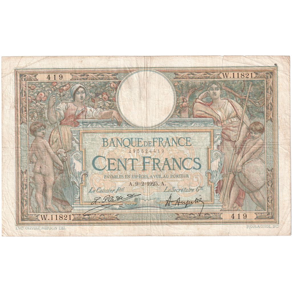 France, 100 Francs, Luc Olivier Merson, 1925-02-09, W.11821, VF(20-25)