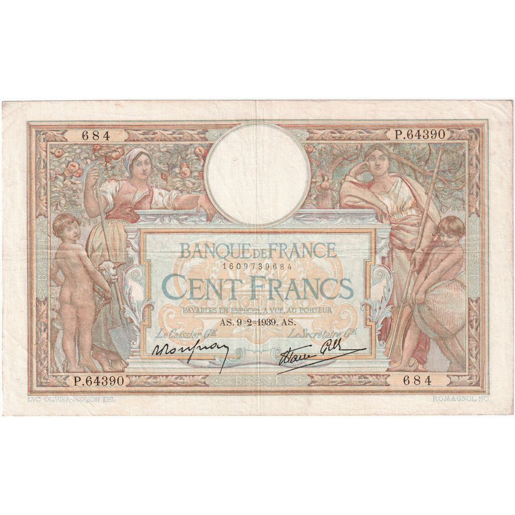 Frankreich, 100 Francs, Luc Olivier Merson, 1939-02-09, P.64390, S