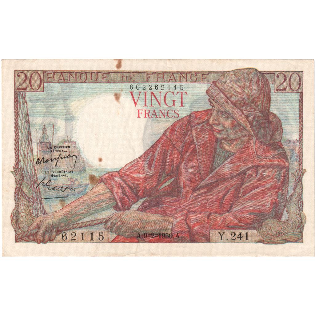 France, 20 Francs, Pêcheur, 1950-02-09, Y.241, VF(20-25)