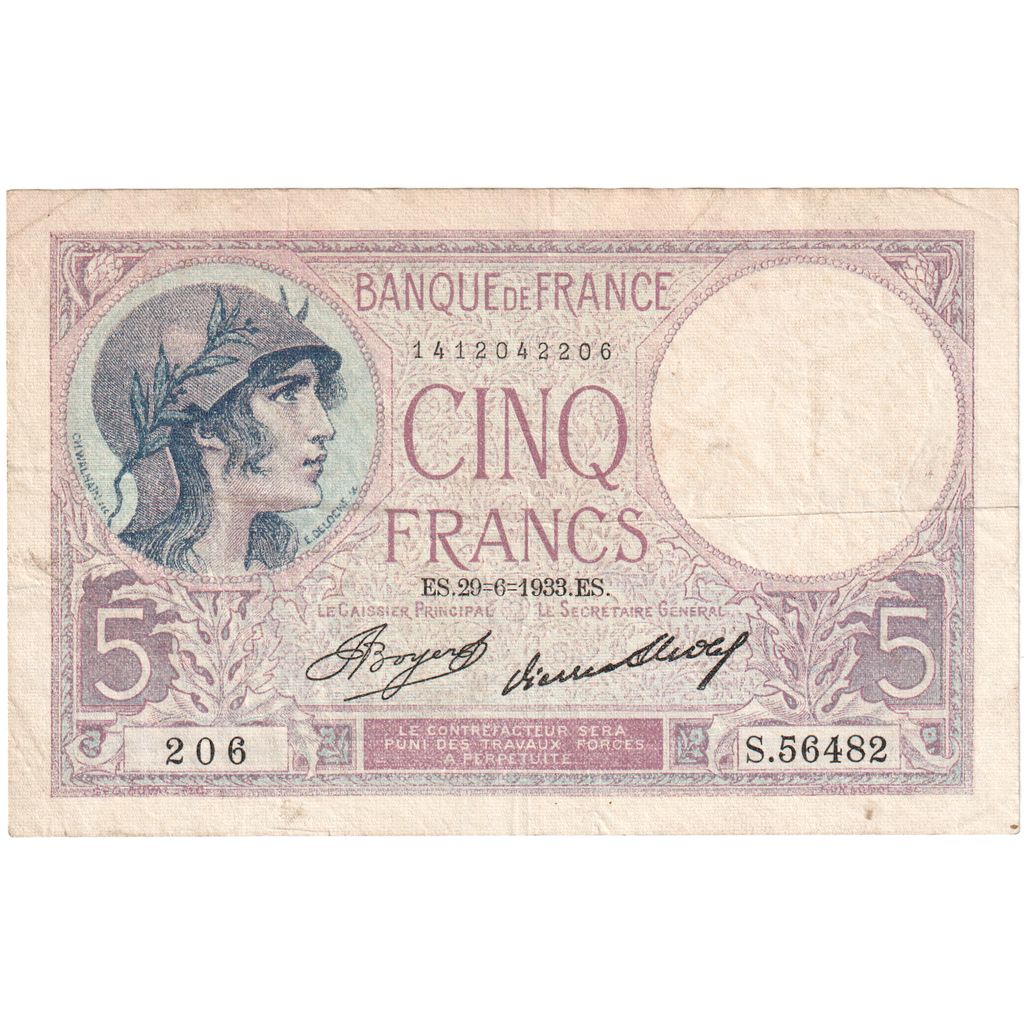 Francia, 5 Francs, Violet, 1933-06-29, S.56482, MB+