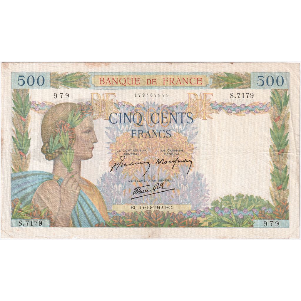 France, 500 Francs, La Paix, 1942-10-15, S.7179, VF(30-35)