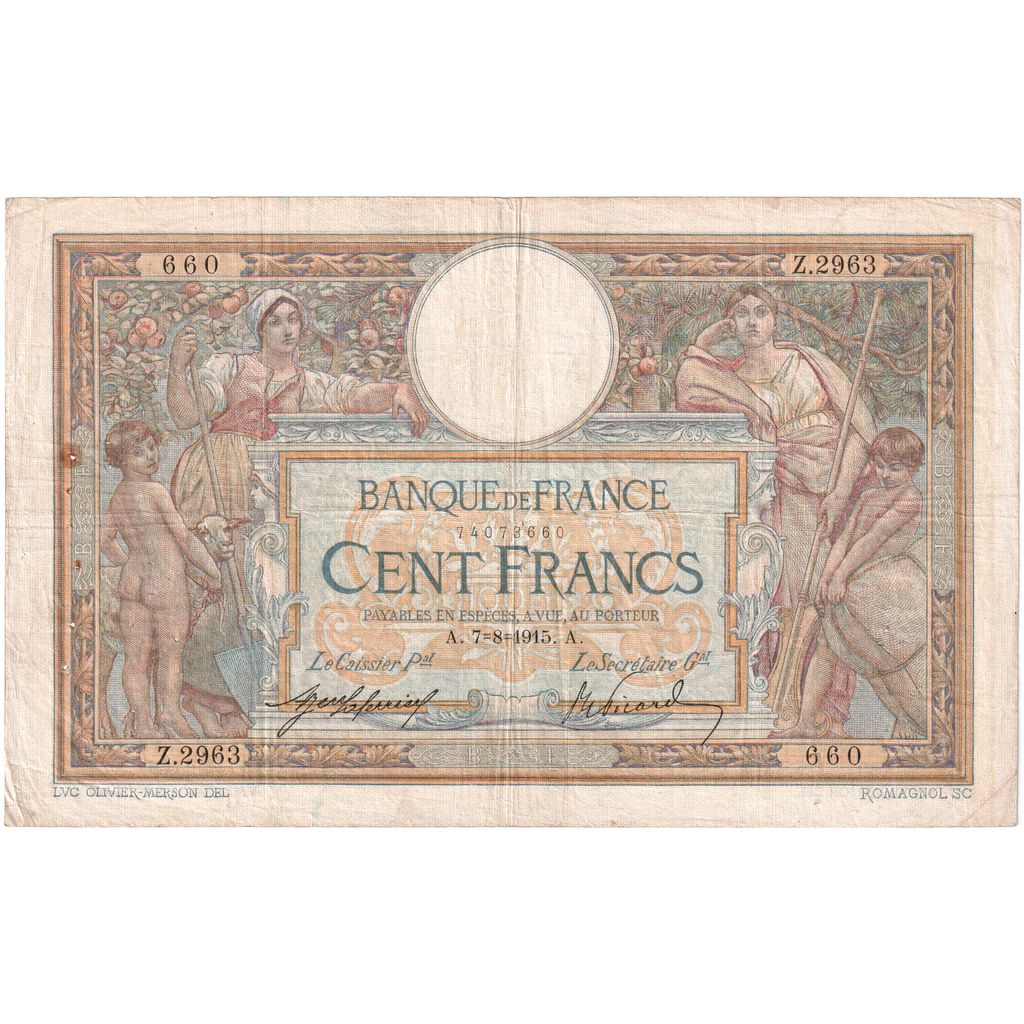 França, 100 Francs, Luc Olivier Merson, 1915-08-07, Z.2963, VF(20-25)