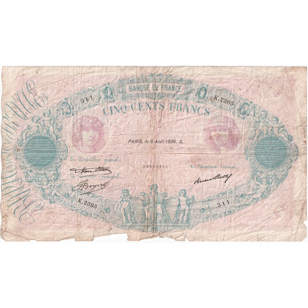 France, 500 Francs, Bleu et Rose, 1936-08-06, K.2385, VG(8-10)