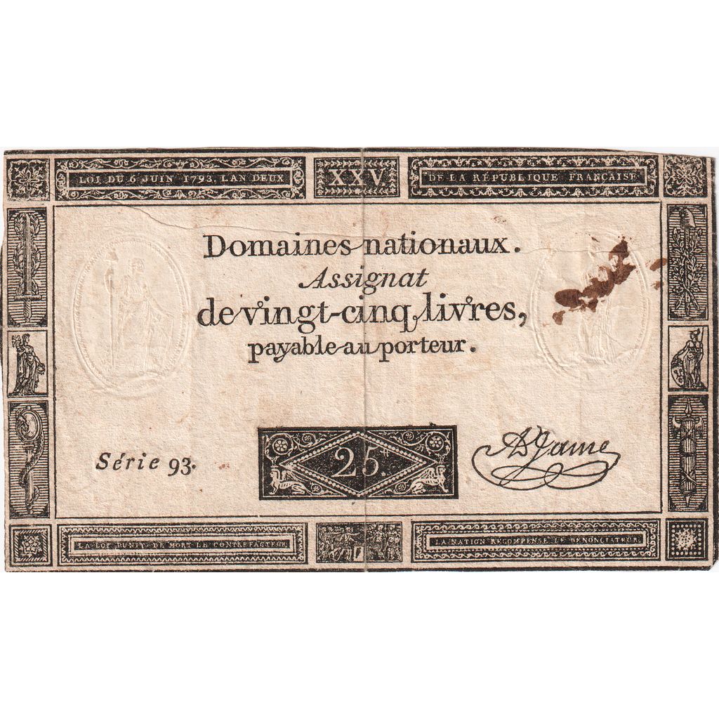 França, 25 Livres, 1793-06-06, SERIE 93, VF(20-25)