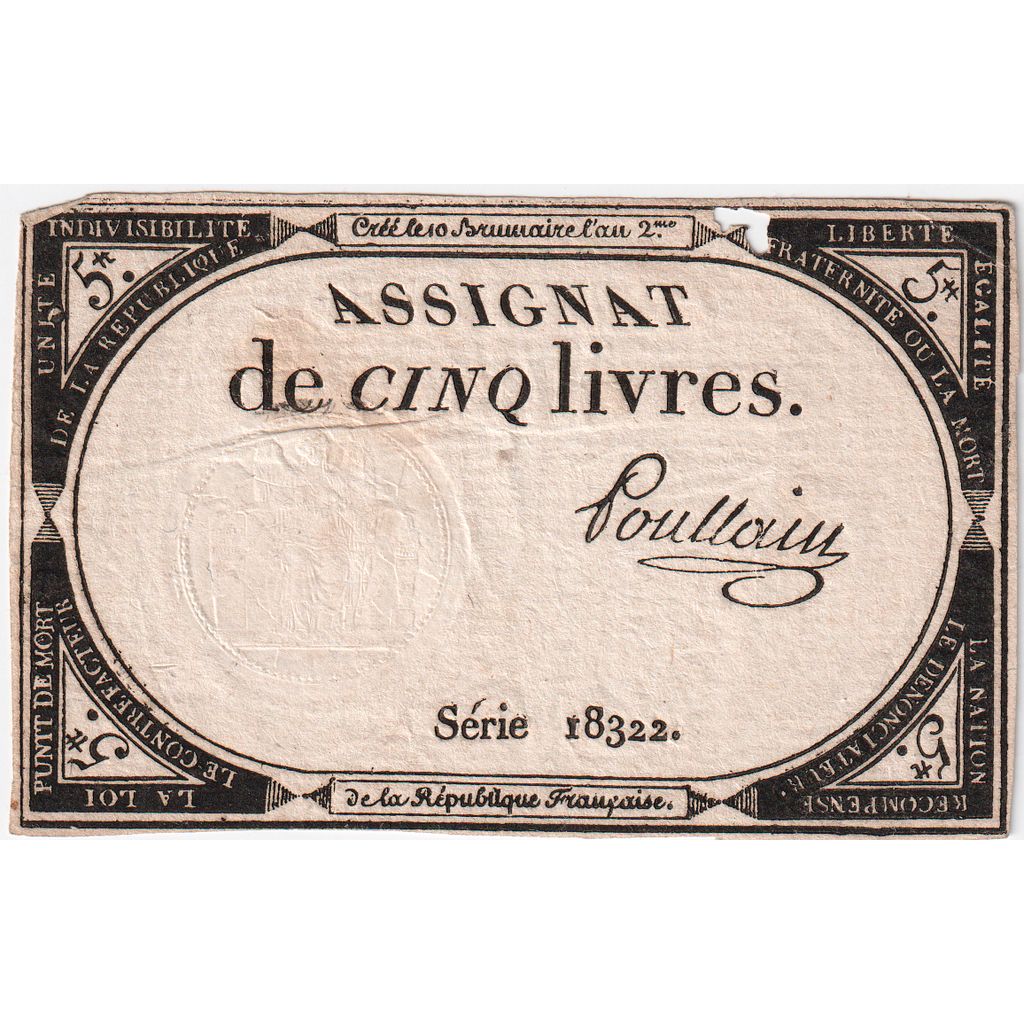 France, 5 Livres, 1793, SERIE 18322, VF(20-25)