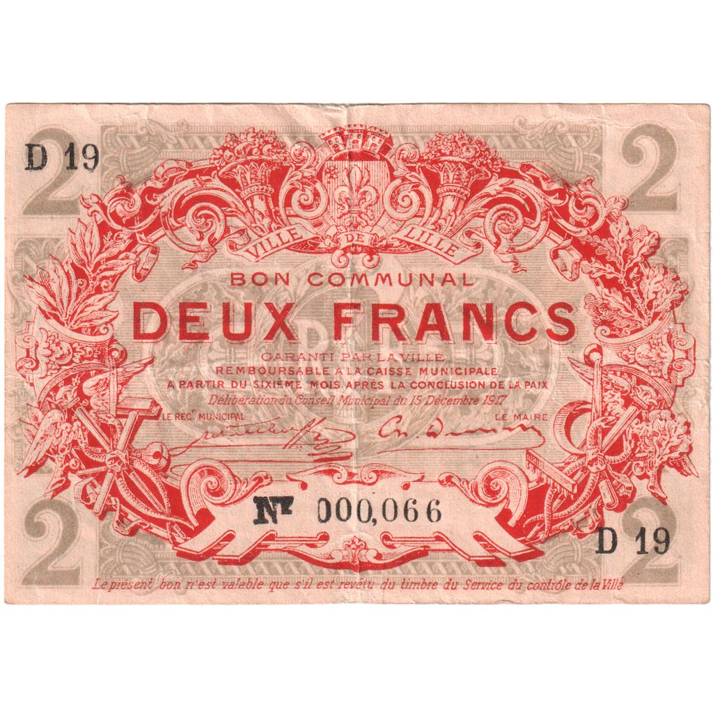 Frankreich, Lille, 2 Francs, 1917-12-15, D19, S+, Pirot:59-1639