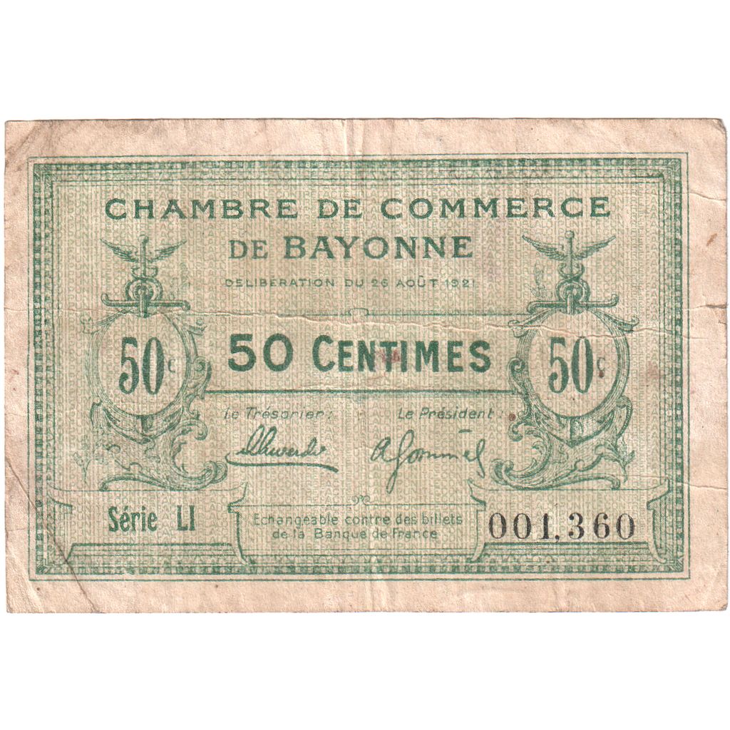 Frankreich, Bayonne, 50 Centimes, 1921-08-26, SERIE LI, SGE+