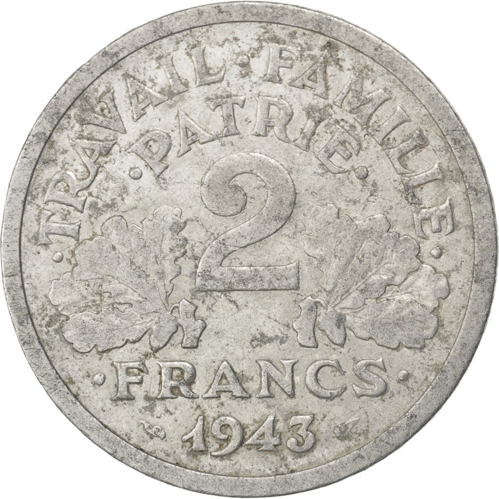 Moneda, Francia, Bazor, 2 Francs, 1943, BC+, Aluminio, KM:904.2, Gadoury:536