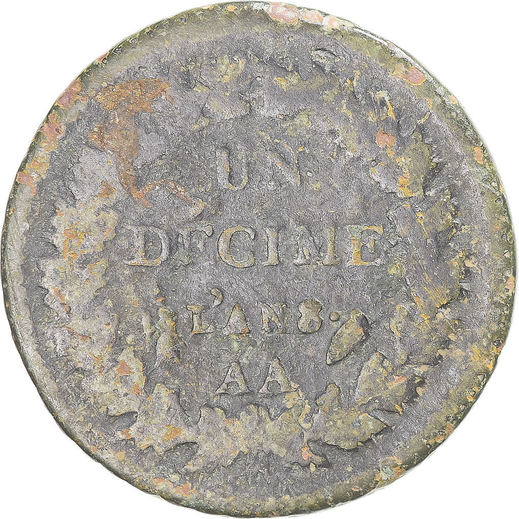 Münze, Frankreich, Dupré, Decime, AN 8, Metz, SGE+, Kupfer, Gadoury:187a