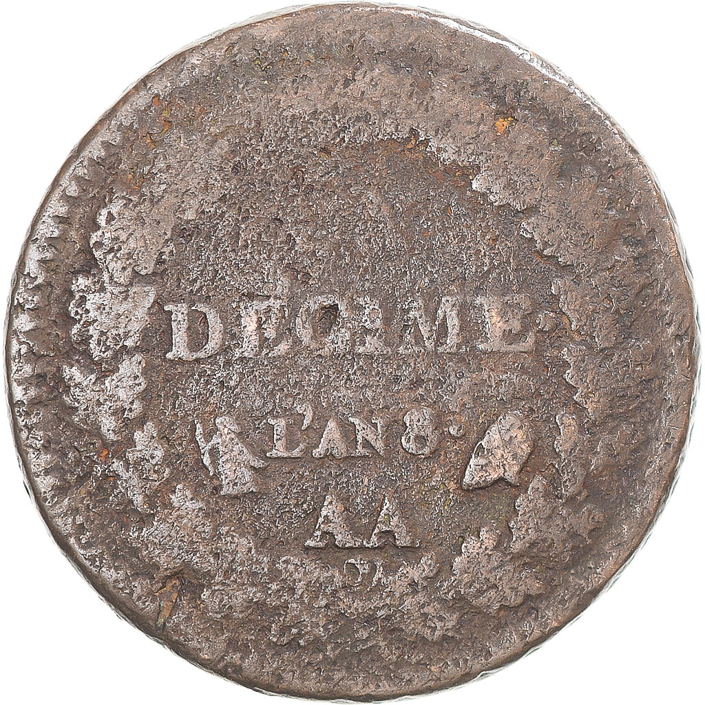 Münze, Frankreich, Dupré, Decime, AN 8, Metz, SGE+, Kupfer, Gadoury:187a