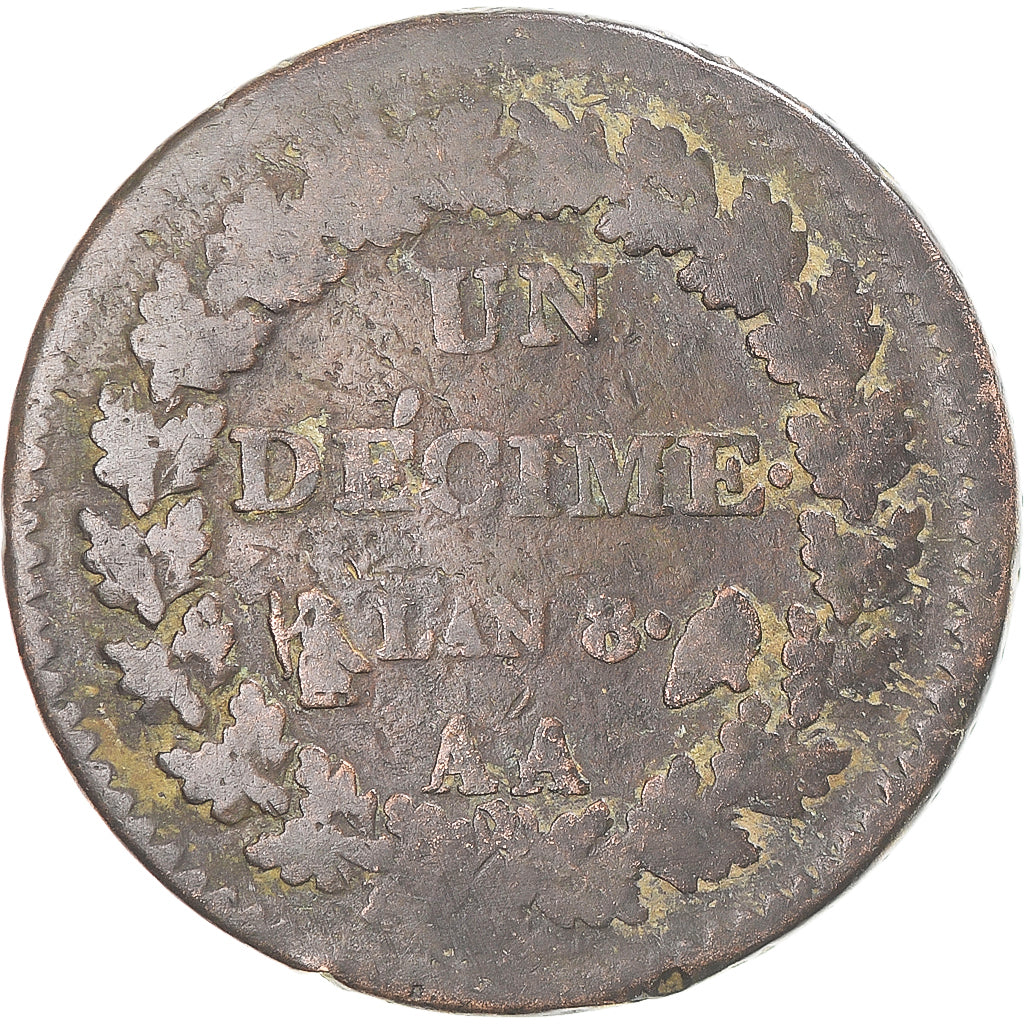 Moneda, Francia, Dupré, Decime, AN 8, Metz, BC+, Cobre, Gadoury:187a