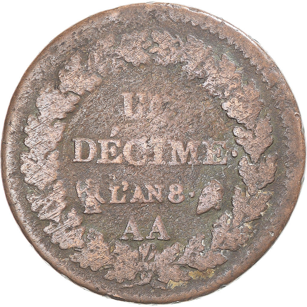 Coin, France, Dupré, Decime, AN 8, Metz, VF(20-25), Copper, Gadoury:187a