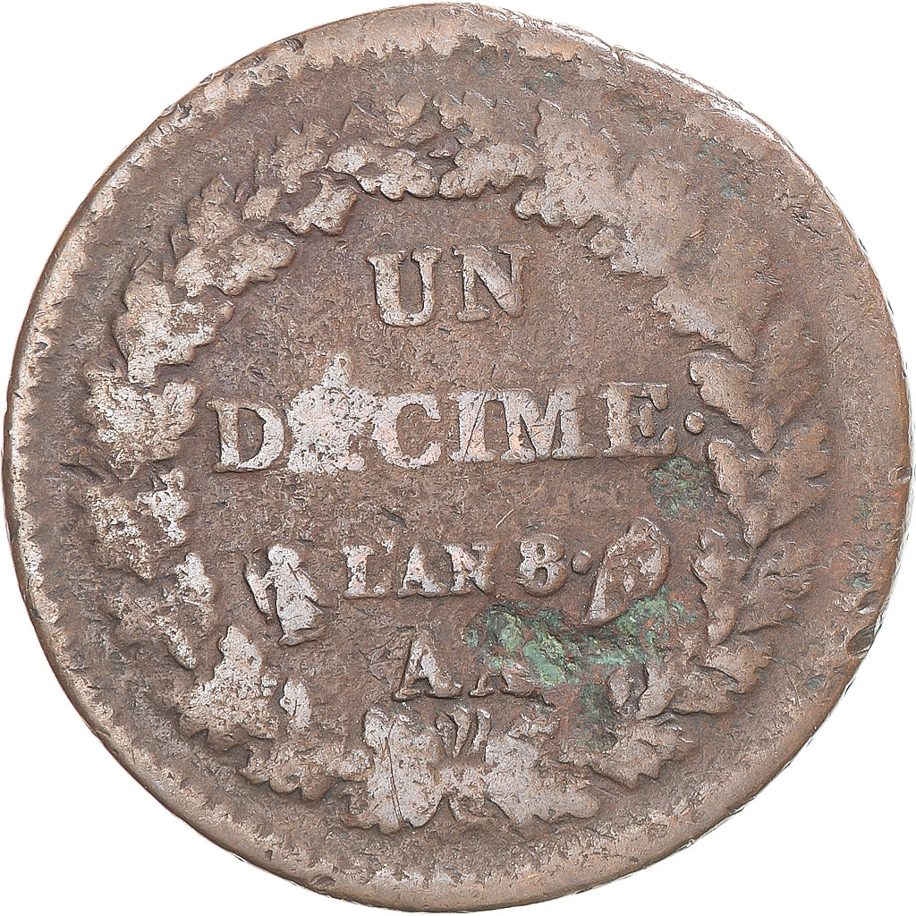 Münze, Frankreich, Dupré, Decime, AN 8, Metz, S, Kupfer, Gadoury:187a