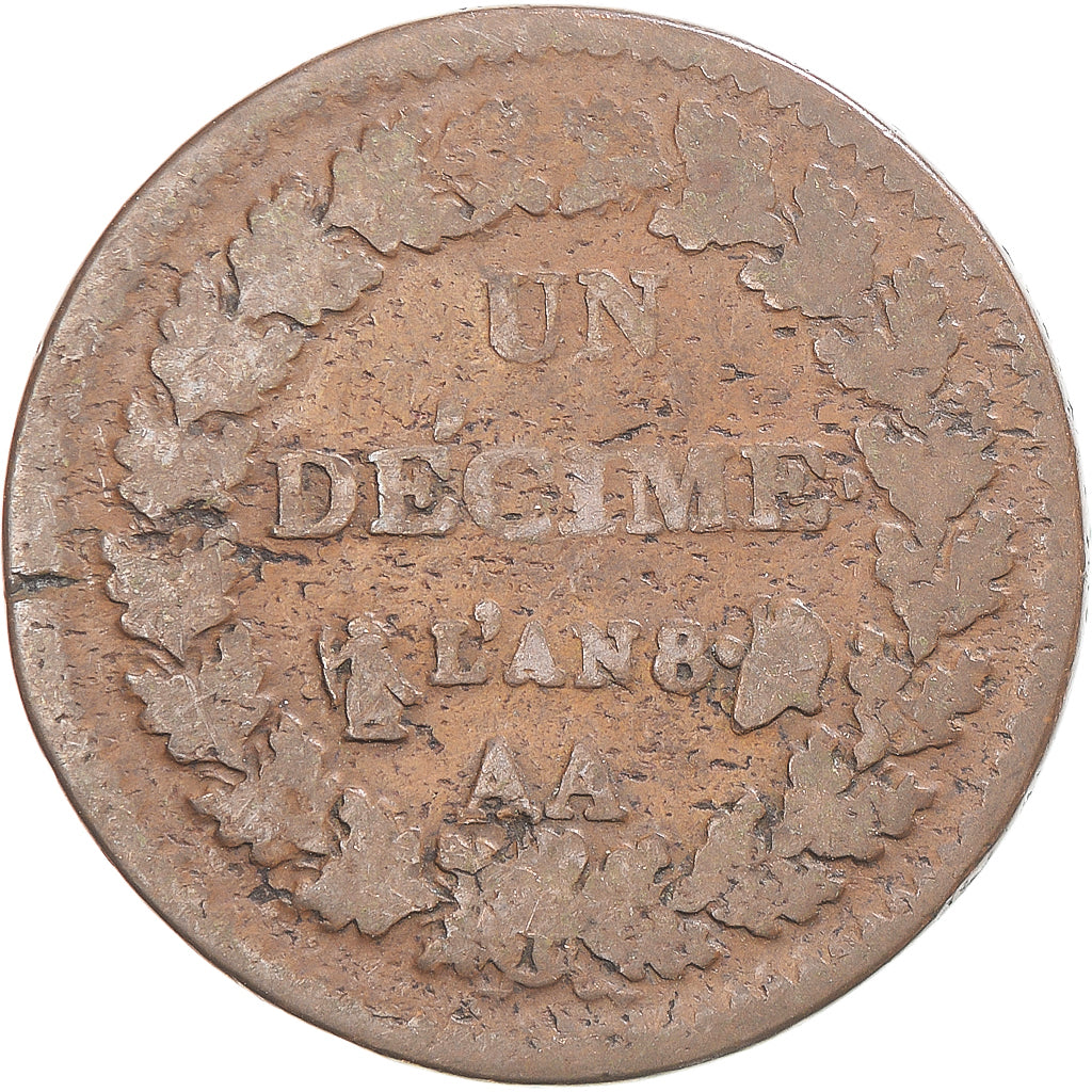 Moneda, Francia, Dupré, Decime, AN 8, Metz, BC+, Cobre, Gadoury:187a