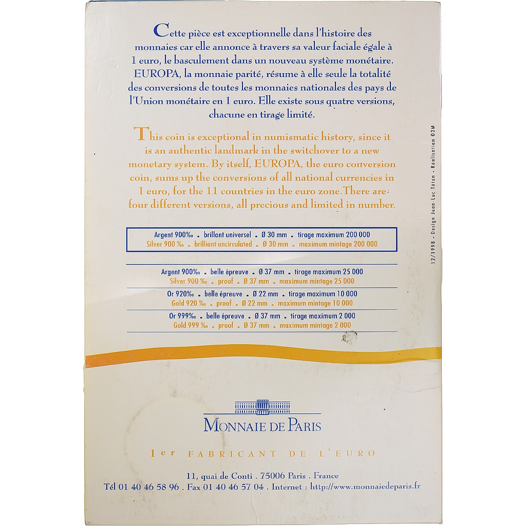 Moneda, Francia, Europa - monnaie parité, 6.55957 Francs, 1999, Monnaie de