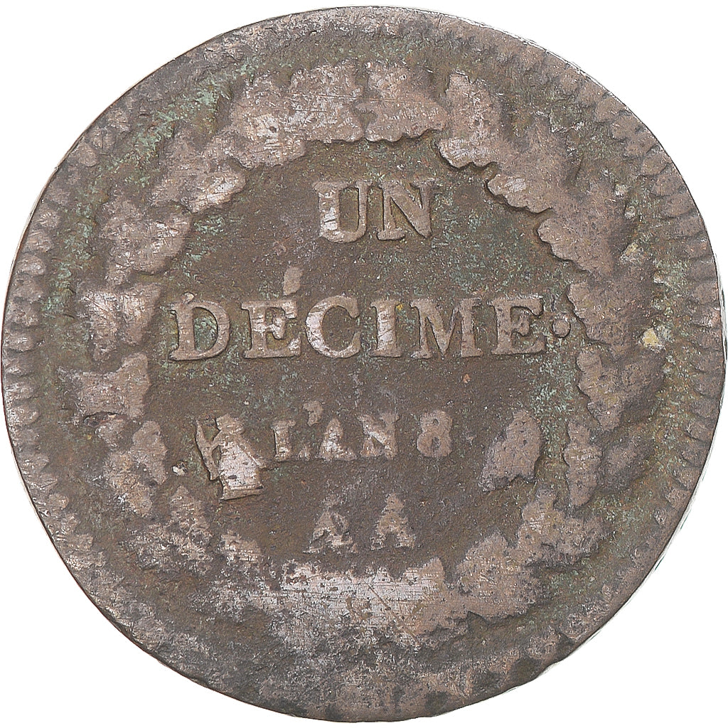 Moeda, França, Dupré, Decime, AN 8, Metz, VF(30-35), Cobre, Gadoury:187a