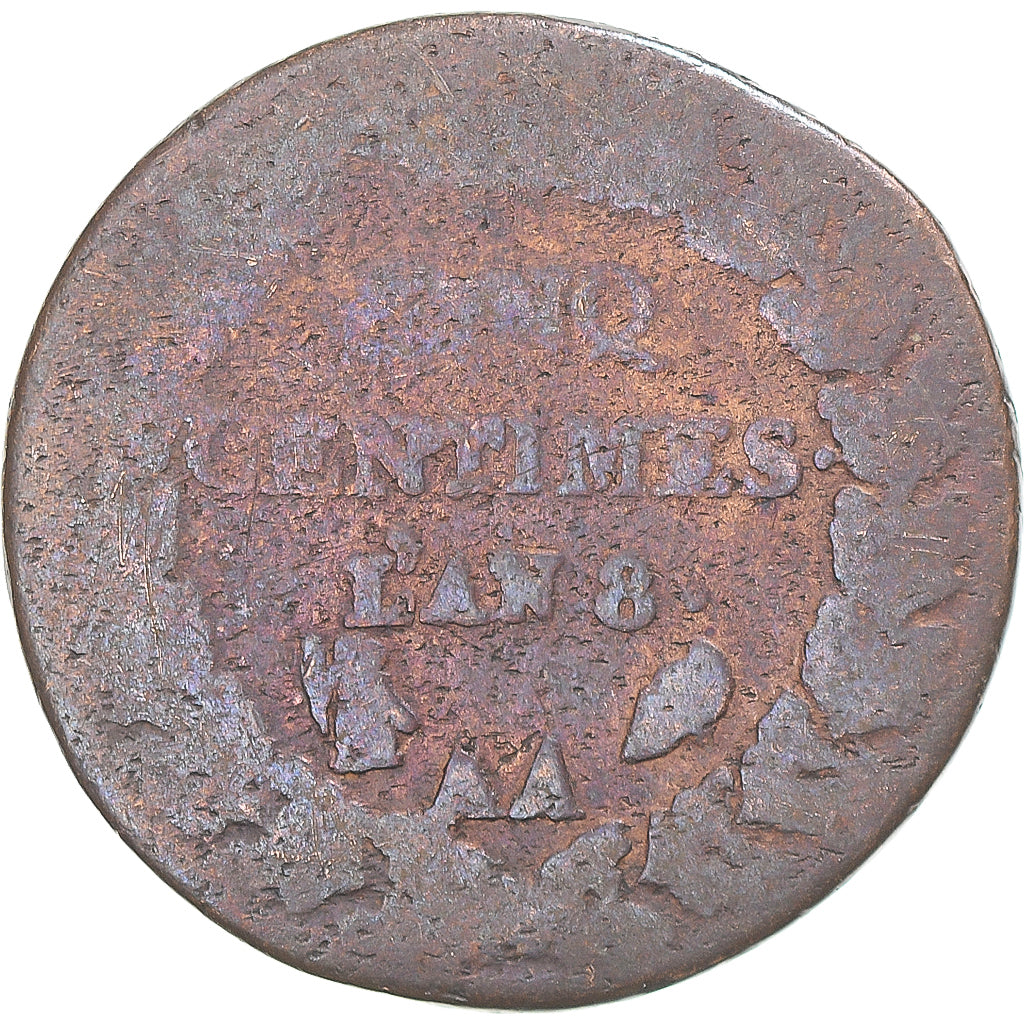 Munten, Frankrijk, Dupré, 5 Centimes, AN 8, Metz, ZG+, Koper, Gadoury:126a