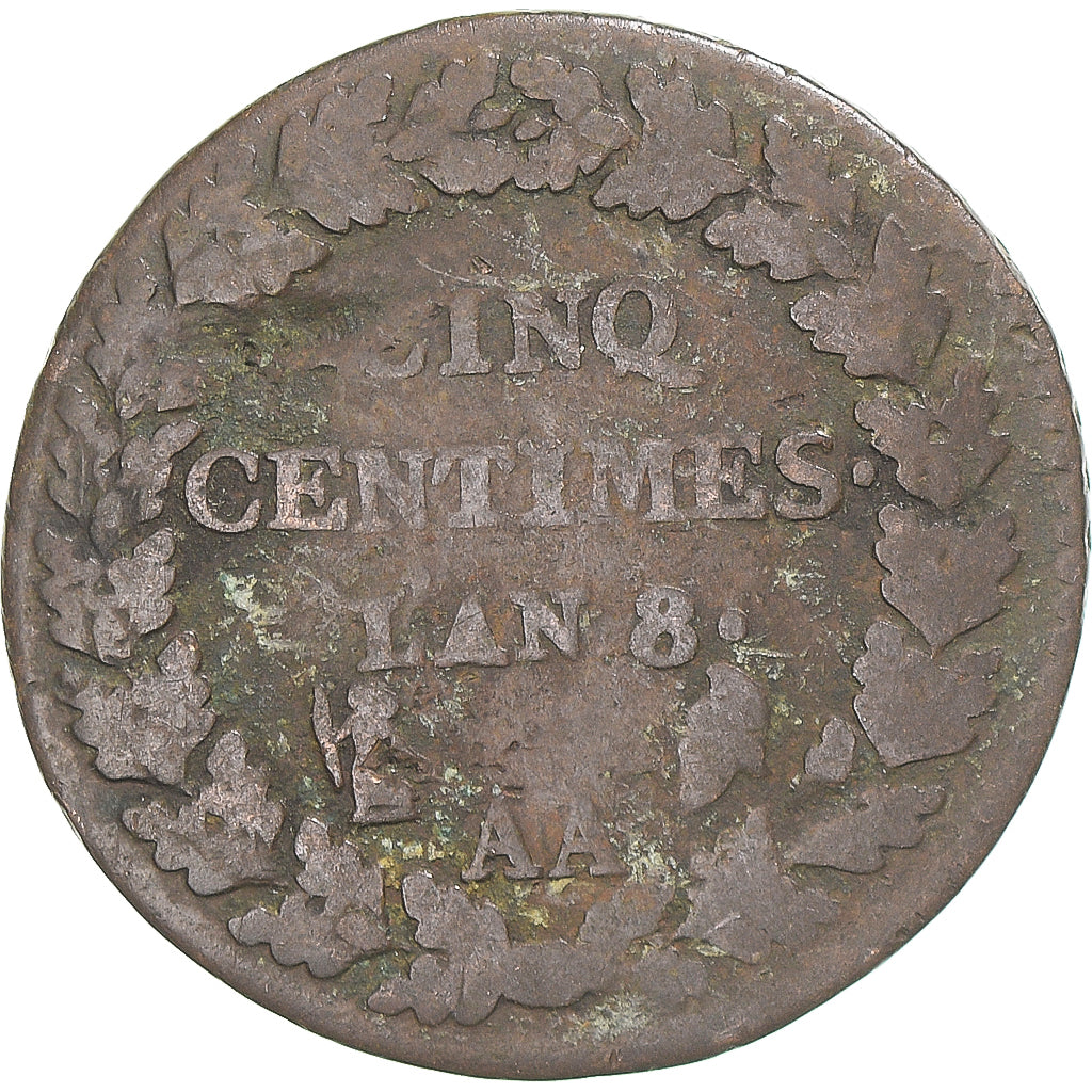 Münze, Frankreich, Dupré, 5 Centimes, AN 8, Metz, S, Kupfer, Gadoury:126a